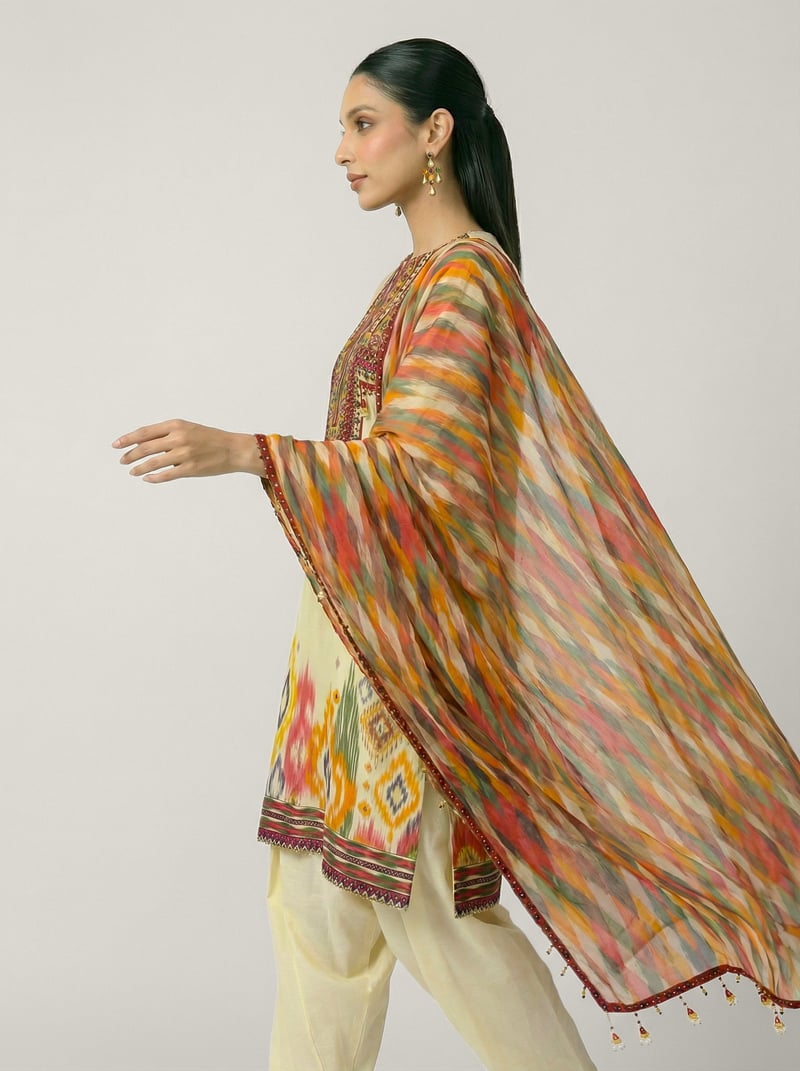 Off-White Printed Muslin Silk Kurta Set with Dupatta
