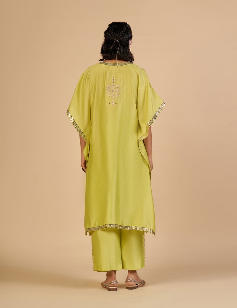 Lime Green Silk Chanderi Kaftan with Gota and Sequins