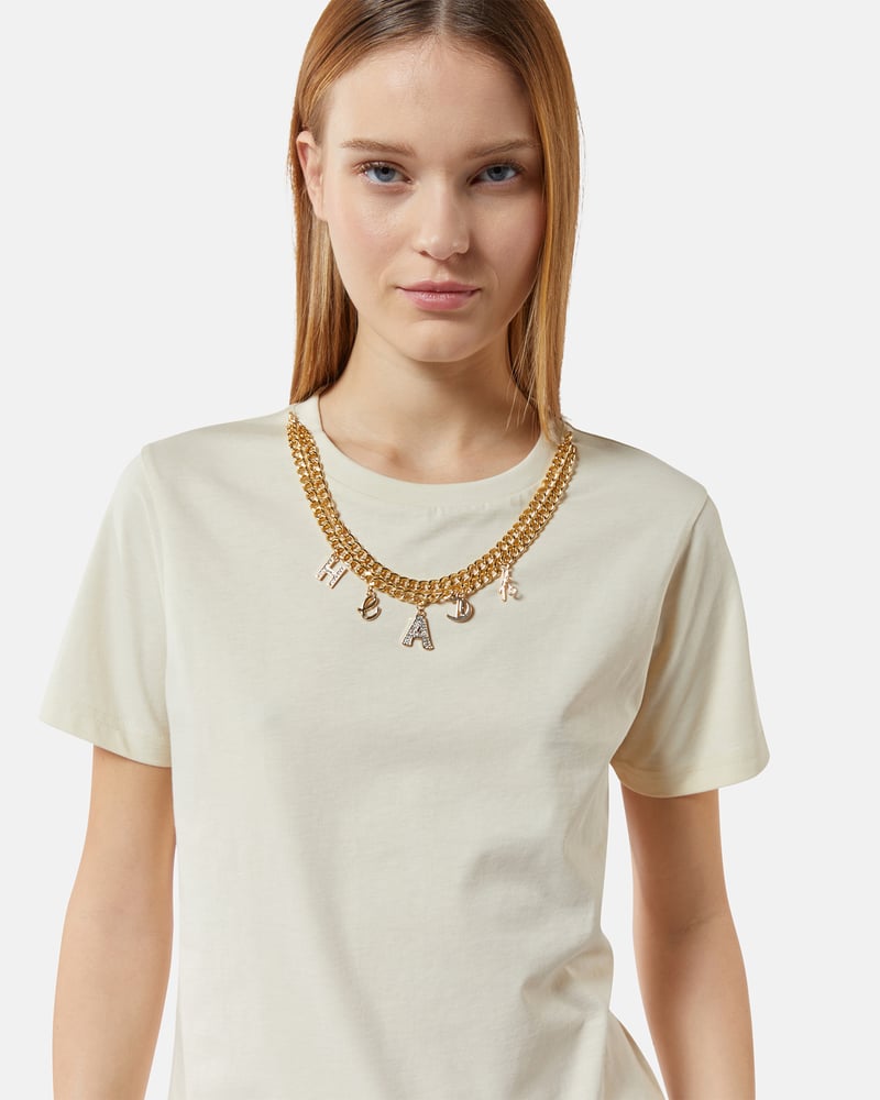 Milk Off-White Crewneck T-Shirt with Chain Neck Detail