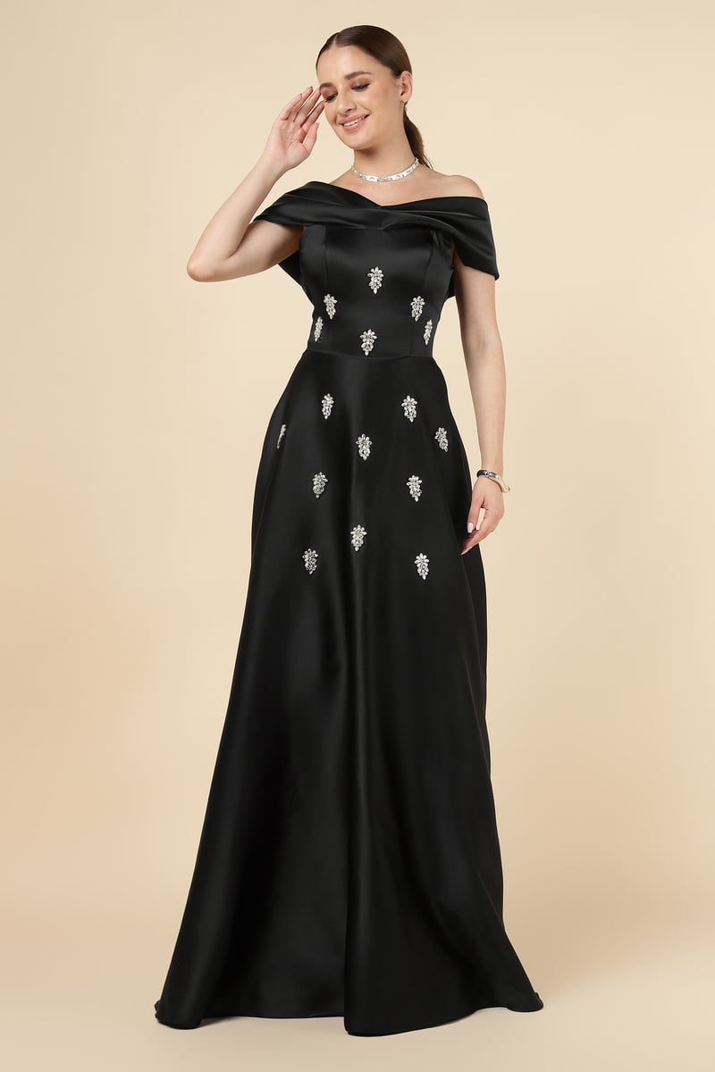 Black Off-Shoulder Embellished Maxi Gown — NAZELLA