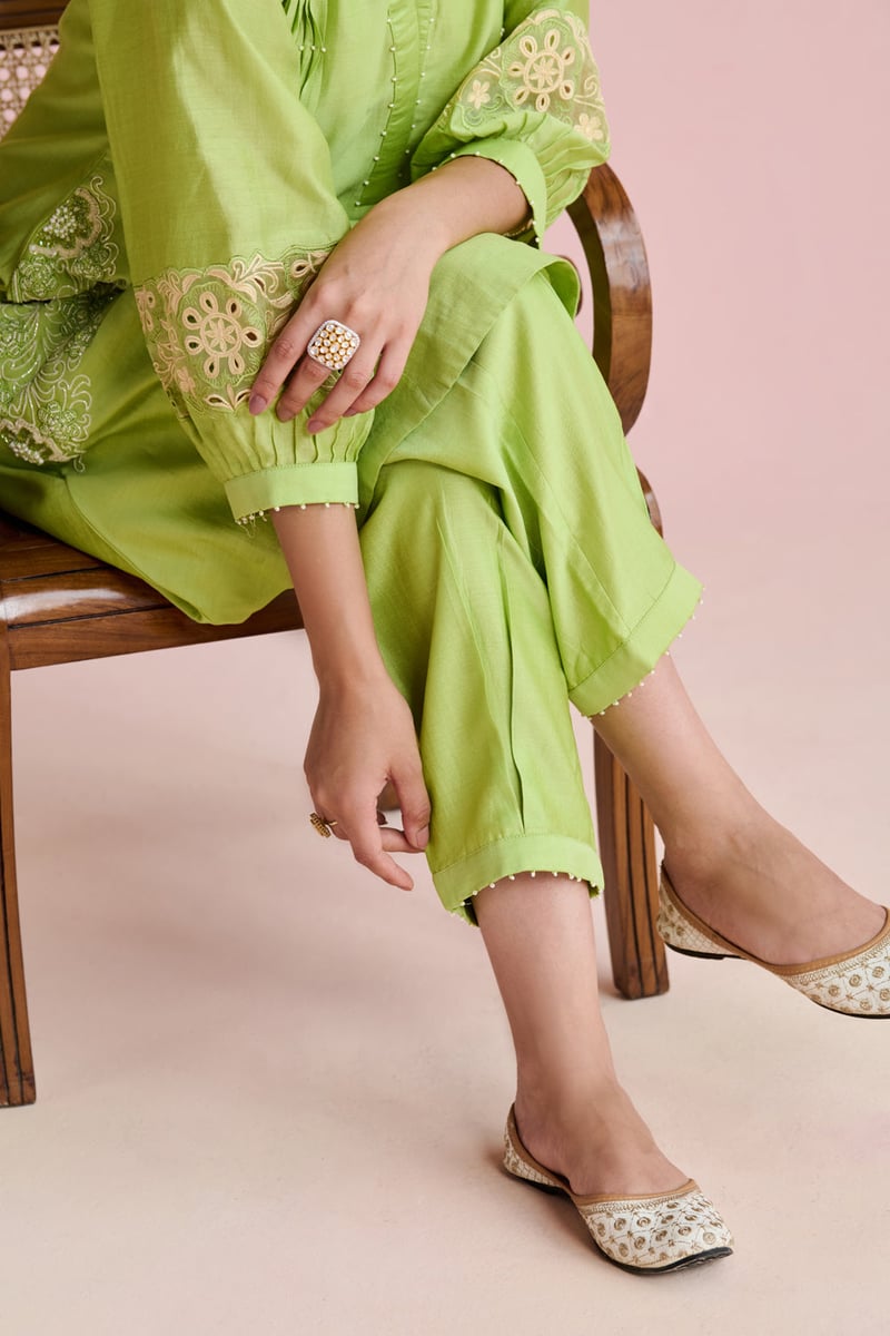 Green Chanderi Embroidered Kurta Set