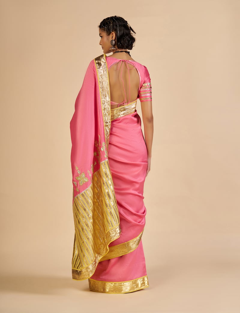 Pink Silk Chanderi Saree with Yellow Pallu and Gold Border