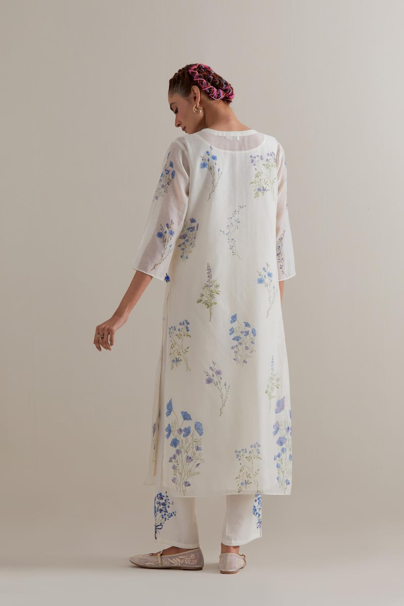 Off-White Floral Block Print Kurta Set with Dupatta
