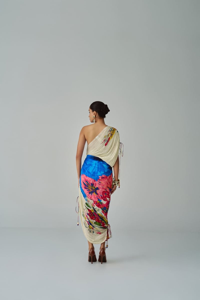 Ivory/Multi One-Shoulder Micro-Pleated Floral Midi Dress