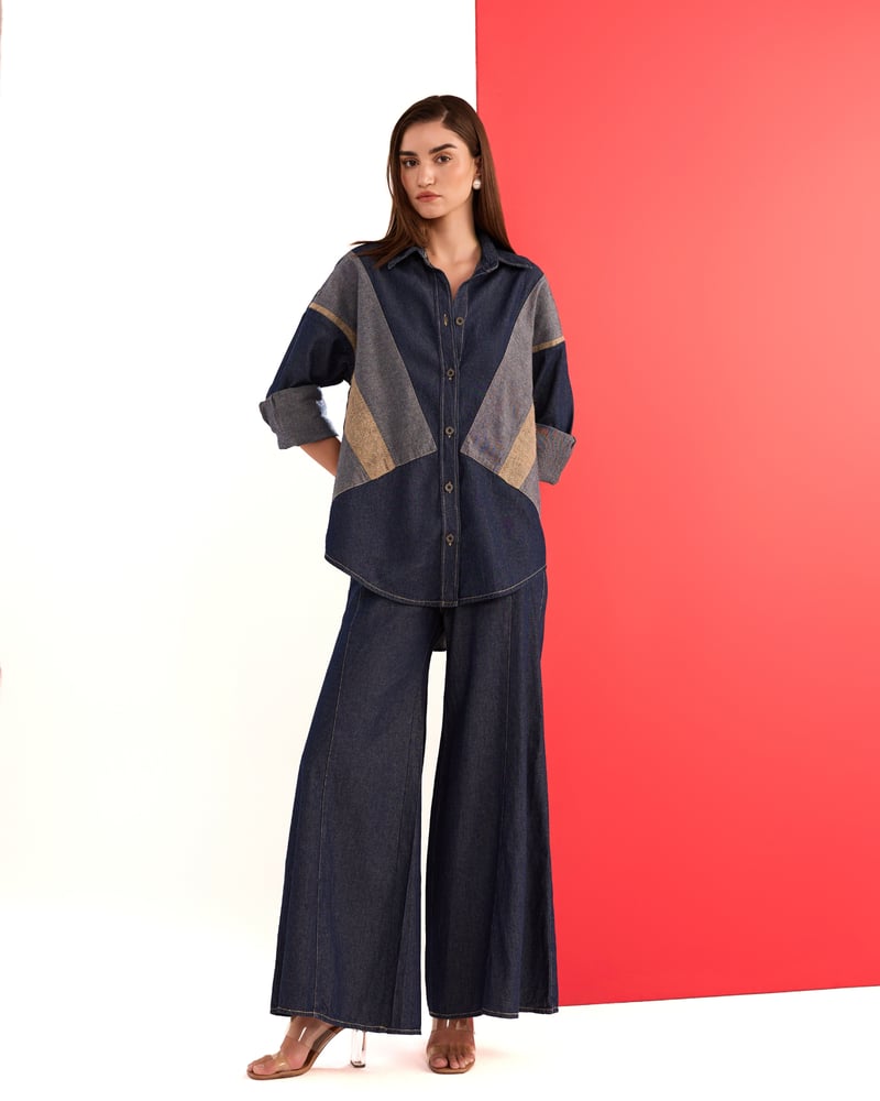 Denim and Beige Colorblocked Relaxed-Fit Shirt