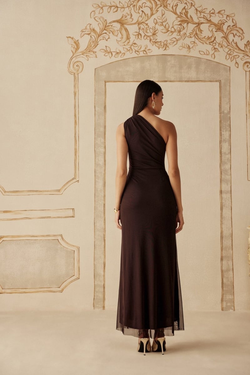 Brown One-Shoulder Ruched Maxi Gown with Thigh Slit