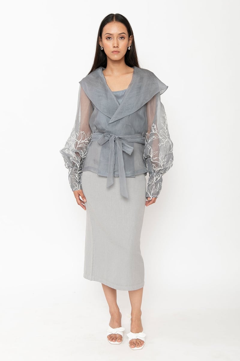 Grey Silk Organza Wrap Top with Embroidered Sleeves