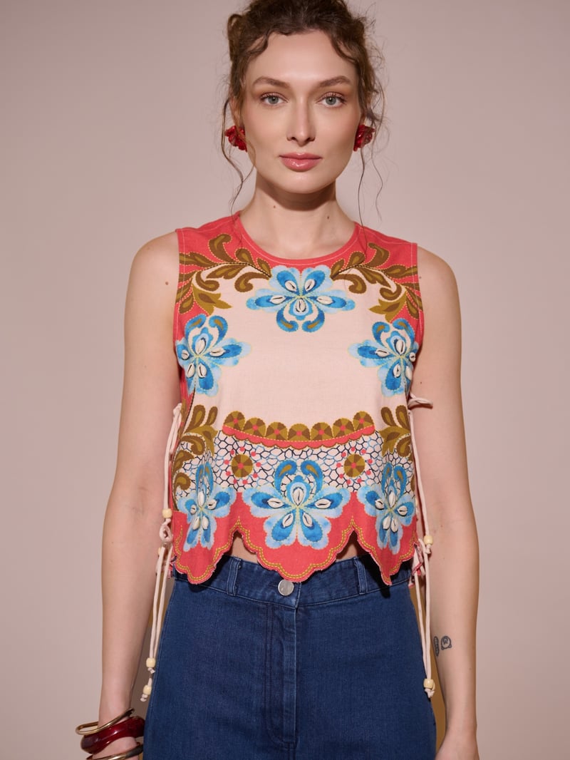 Beige Floral Printed Sleeveless Top with Side Ties