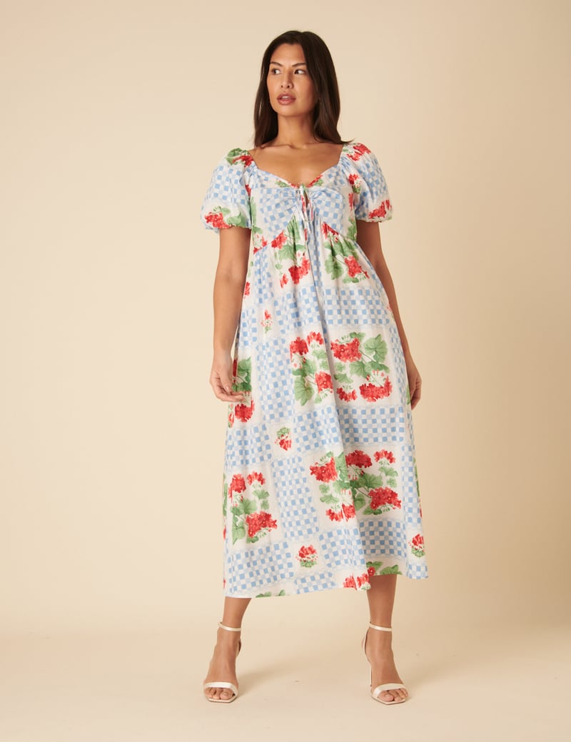 Blue Tile Check and Floral Sweetheart Midi Dress