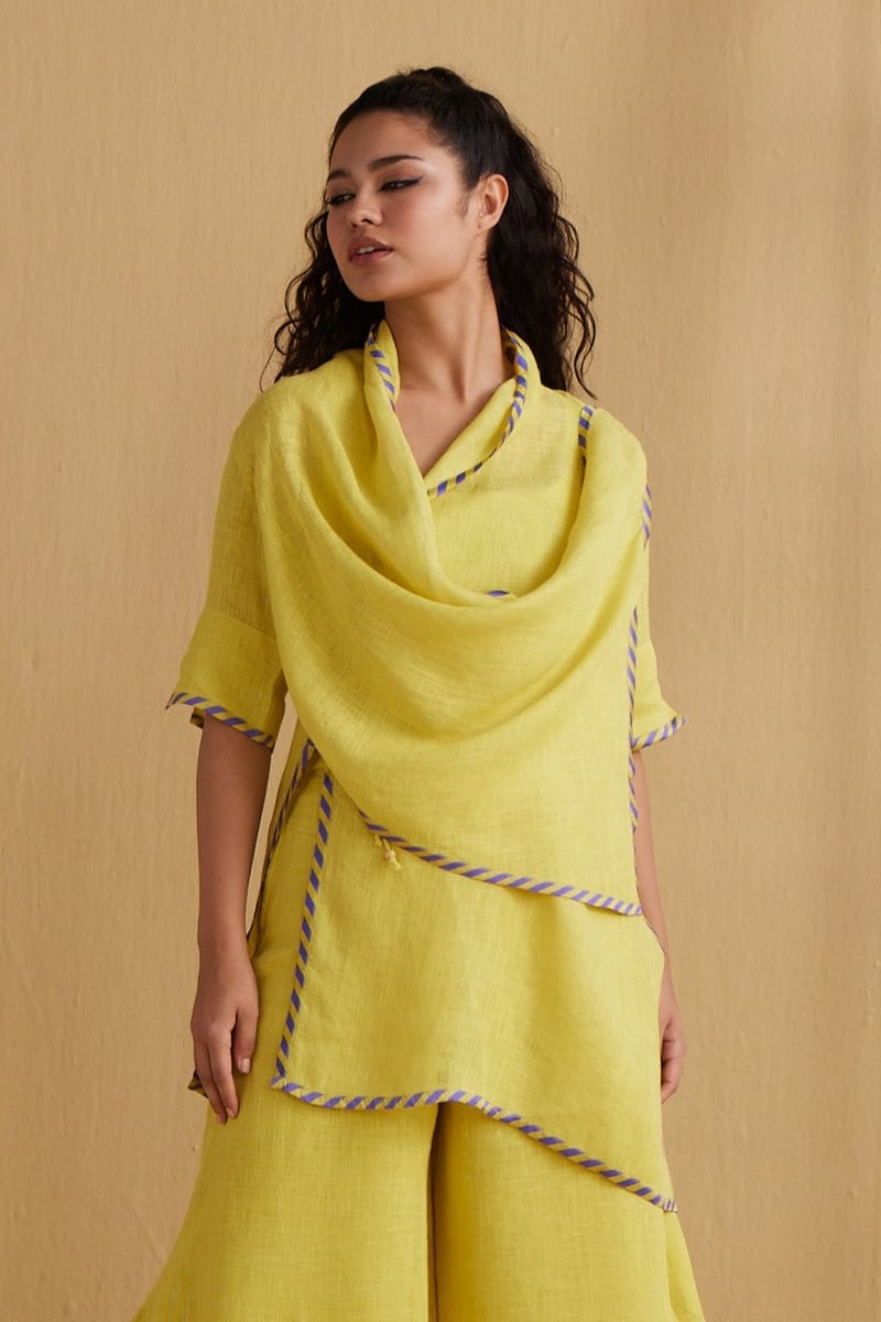 Yellow Gauze Linen Cape with Contrast Border