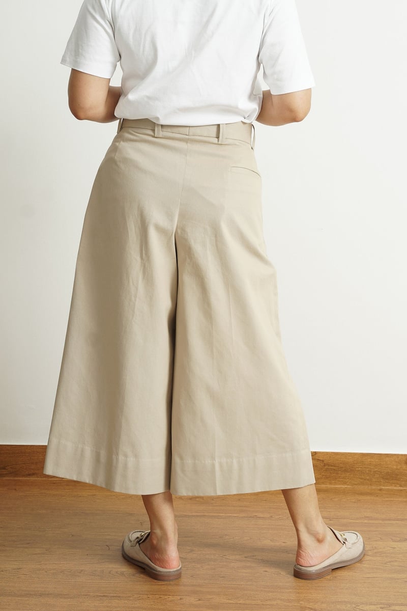 Khaki Cotton Tailored Wide-Leg Cropped Culottes