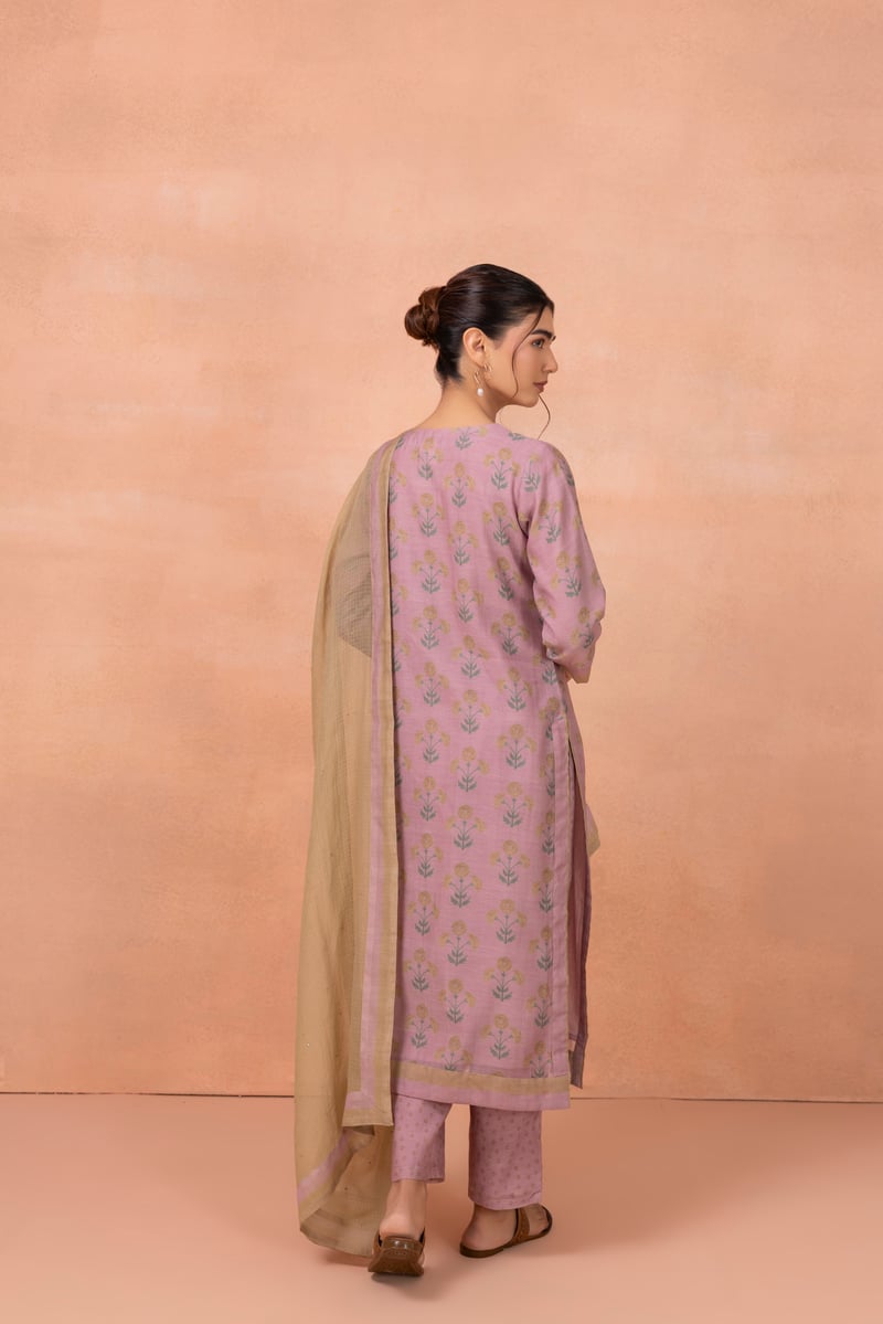 Purple Floral Printed Straight Kurta Set with Dupatta