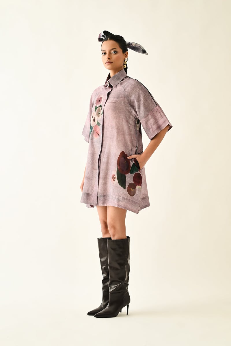 Lilac Abstract Print Mini Shirt Dress
