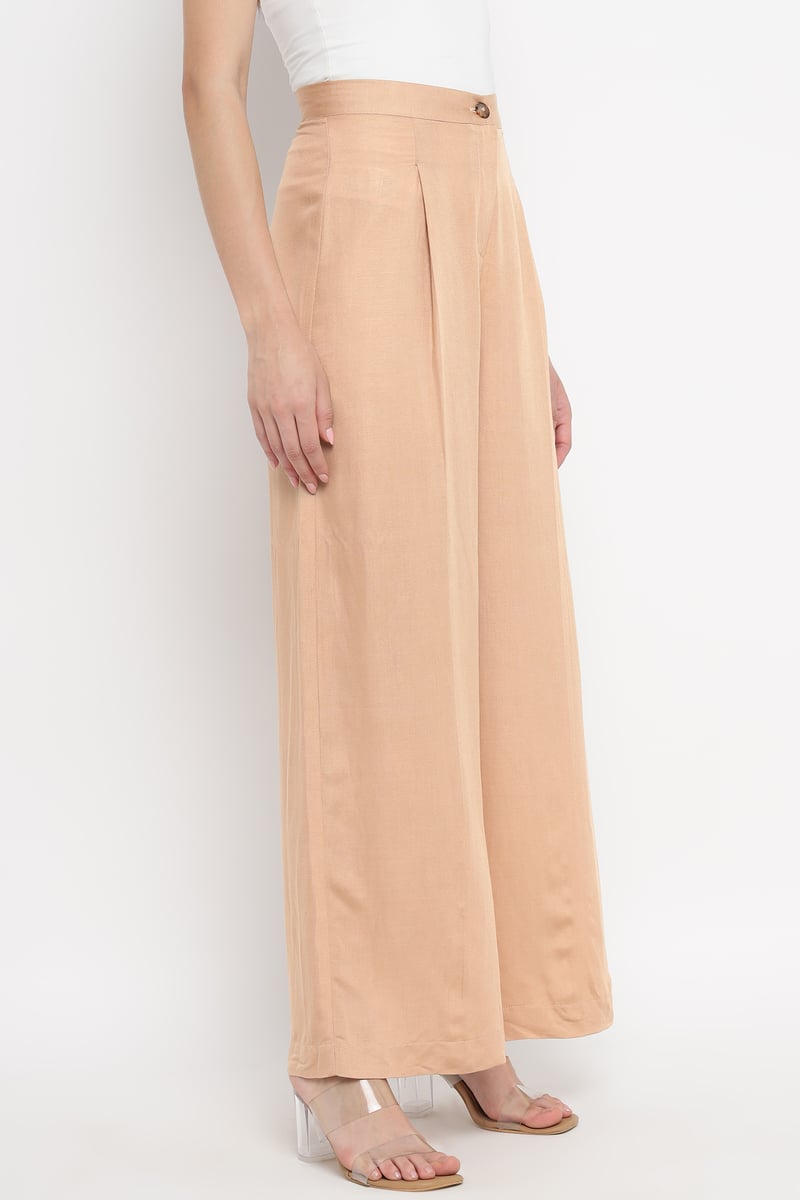 Beige High-Waist Wide-Leg Pleated Trousers