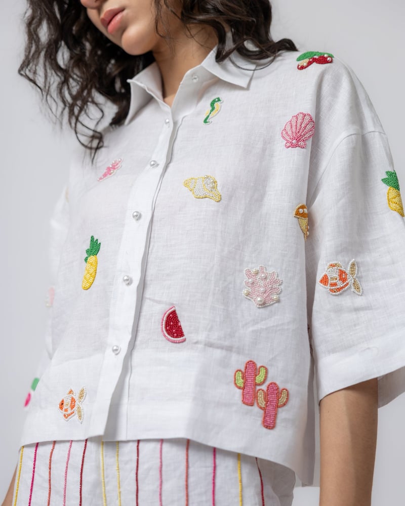 White Linen Hand-Beaded Motif Shirt
