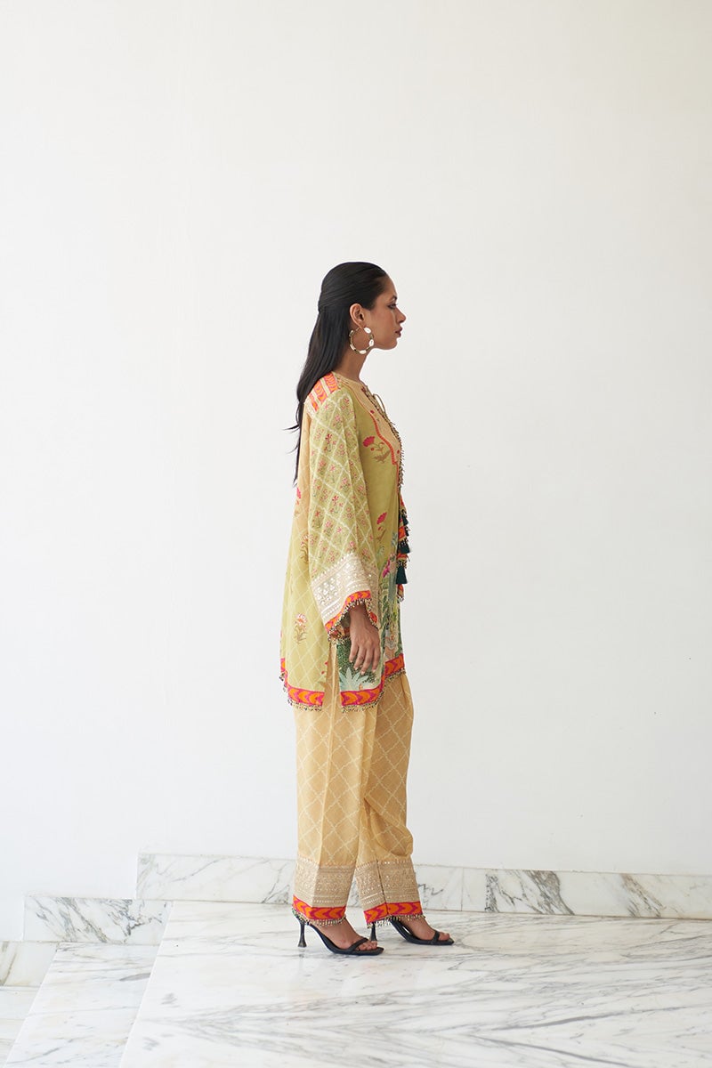 Mustard Yellow Printed Kurta Set with Mirror Work