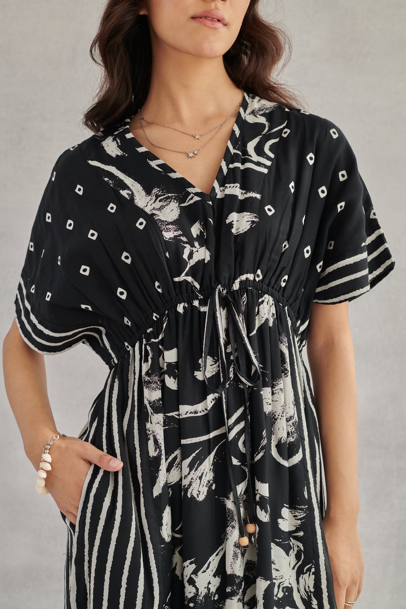 Black Monochrome Printed Midi Kaftan Dress