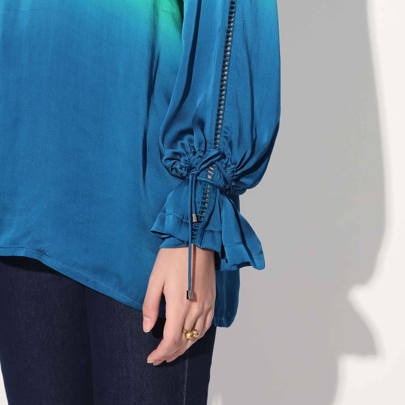 Blue/Green Ombre Viscose Satin Tie-Up Neck Longline Top