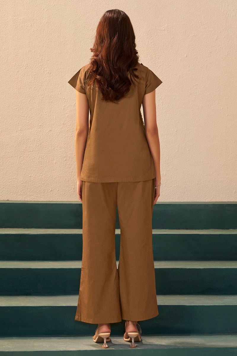 Brown Mandarin Collar Applique Co-ord Set