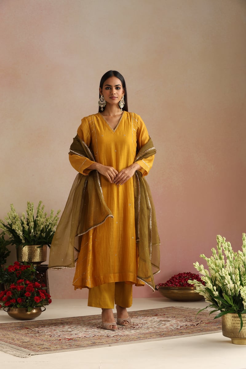 Mustard Yellow Silk Chanderi A-Line Kurta Set