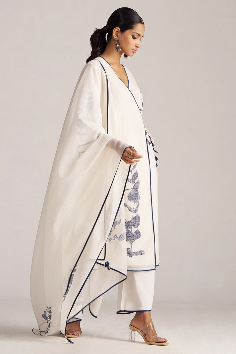 Ivory and Navy Printed Angrakha Chanderi Kurta Set
