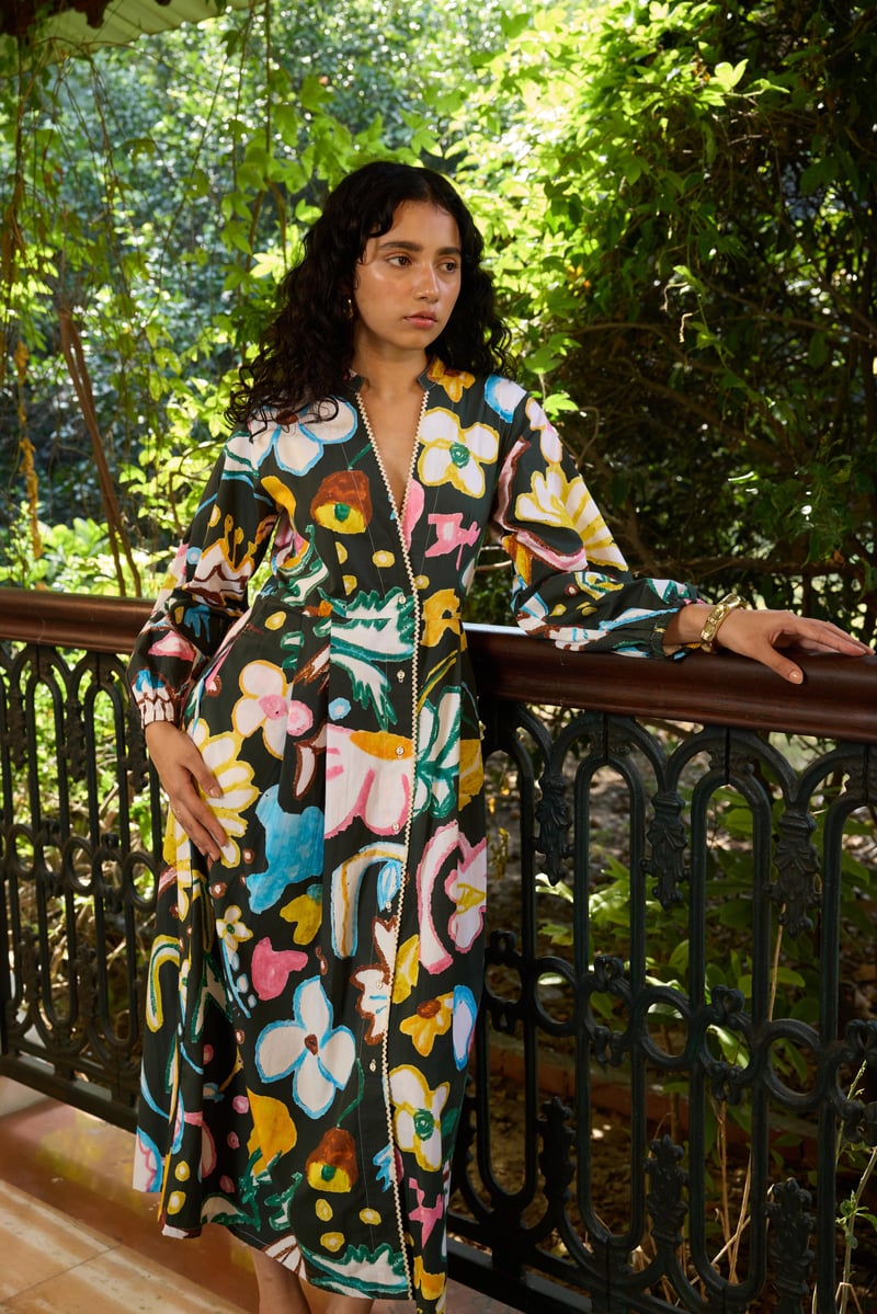 Deep Green Tropical Floral Button-Front Midi Dress