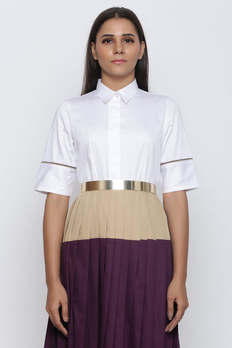 Colorblock Pleated Midi Shirt Dress