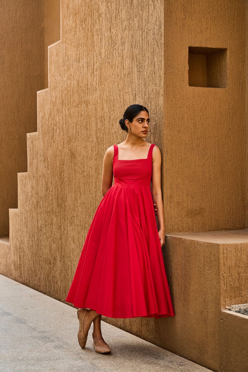 Red Cotton Cambric Fit and Flare Square Neck Midi Dress