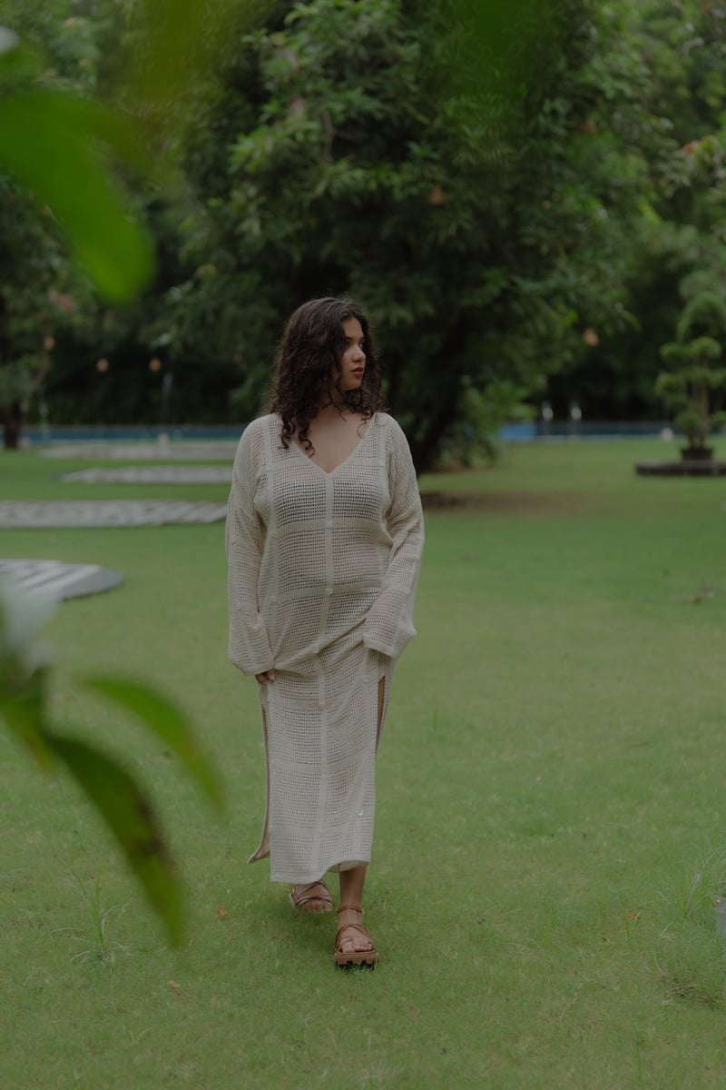 Beige Crochet Net Cover-Up Maxi Dress with Side Slits