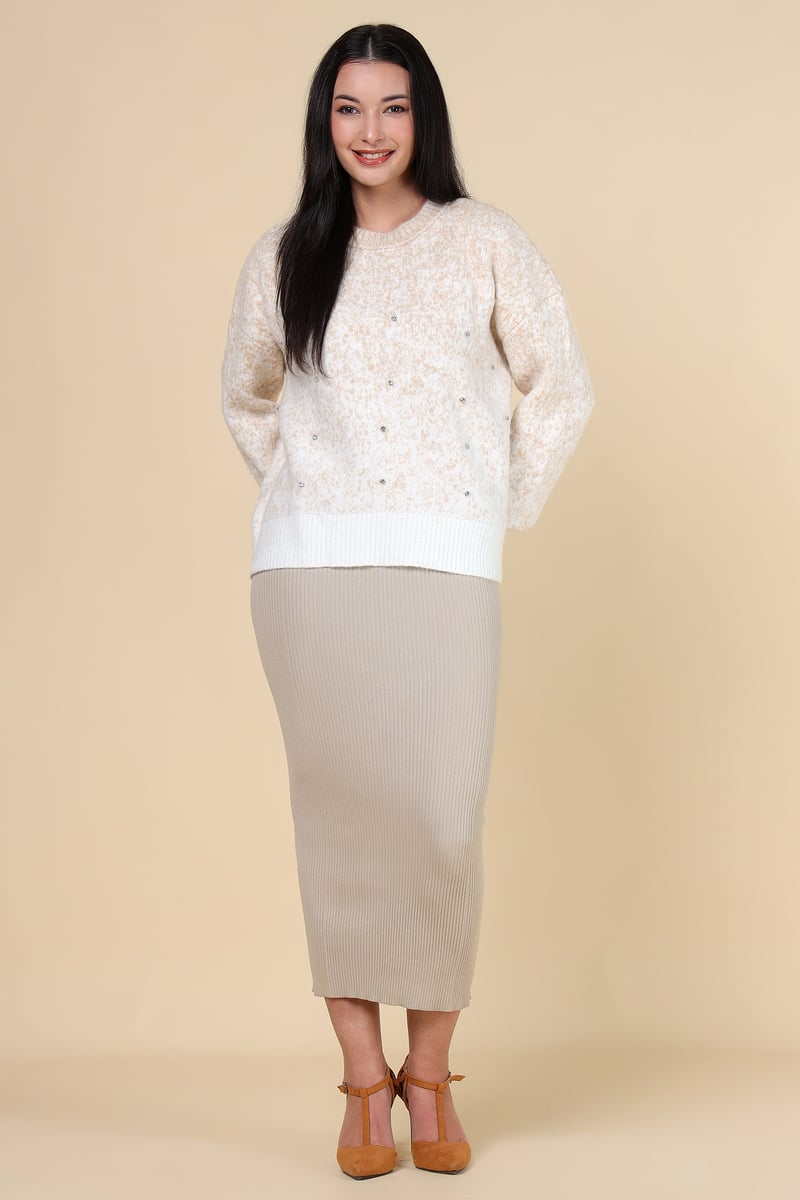 Beige Textured Studded Pullover Sweater
