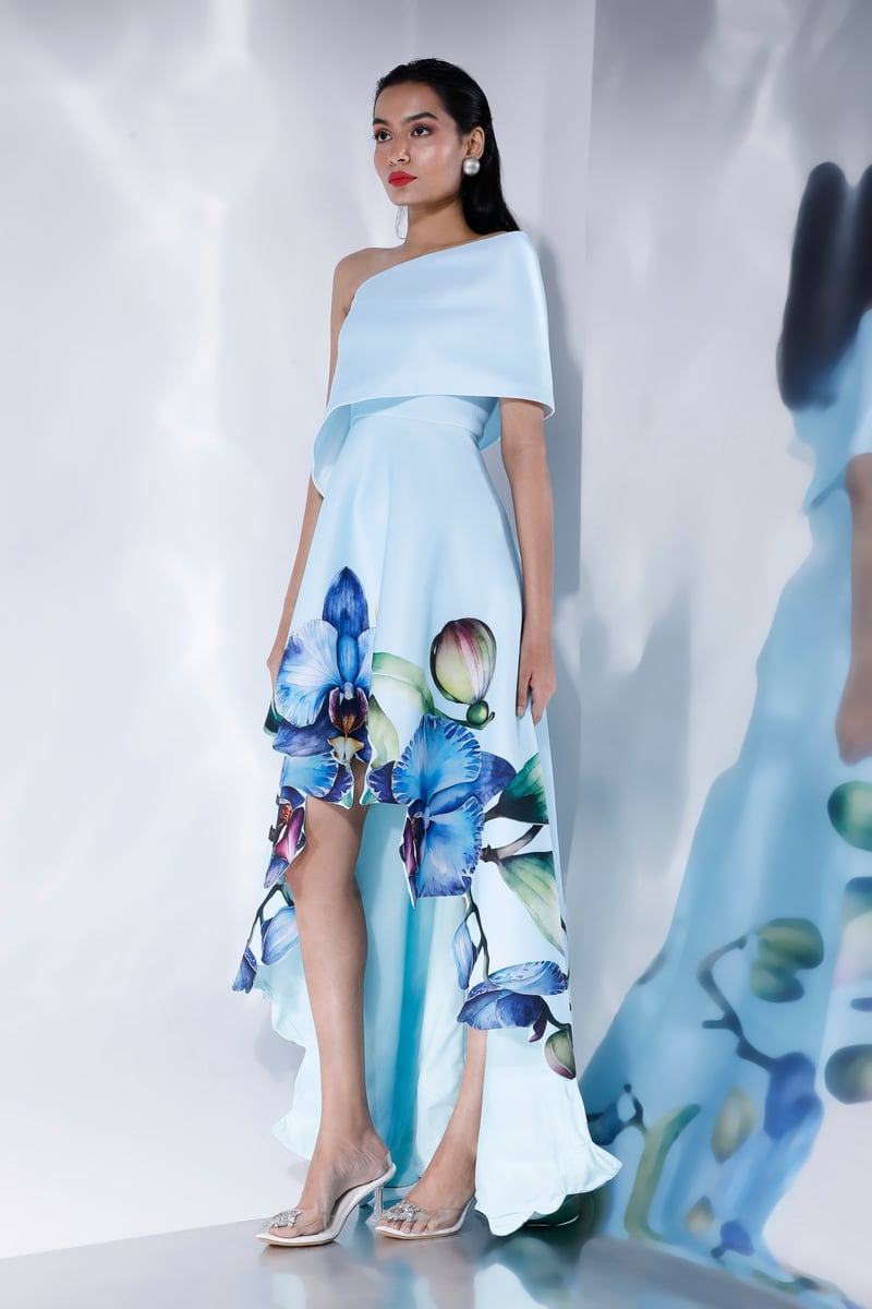 Light Blue Off-Shoulder High-Low Floral Print Maxi Dress