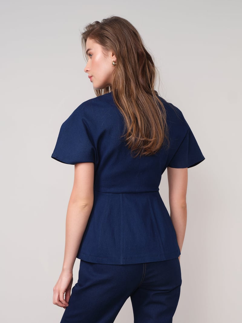 Dark Blue Denim Peplum Top with Rhinestone Waist Tie
