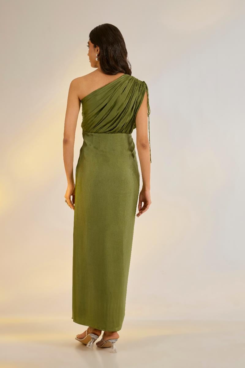 Olive One-Shoulder Draped Maxi Dress