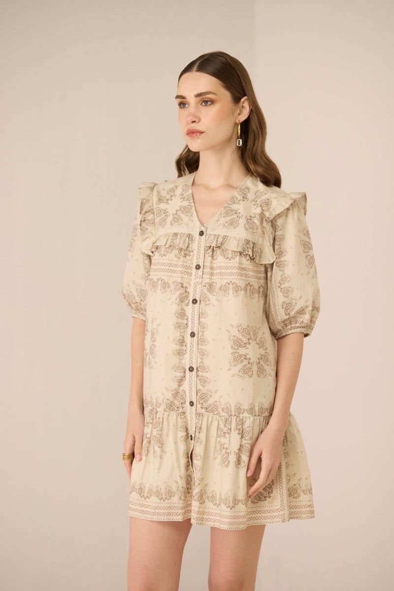 Paisley Brown Cotton A-Line Mini Dress with Ruffle Yoke