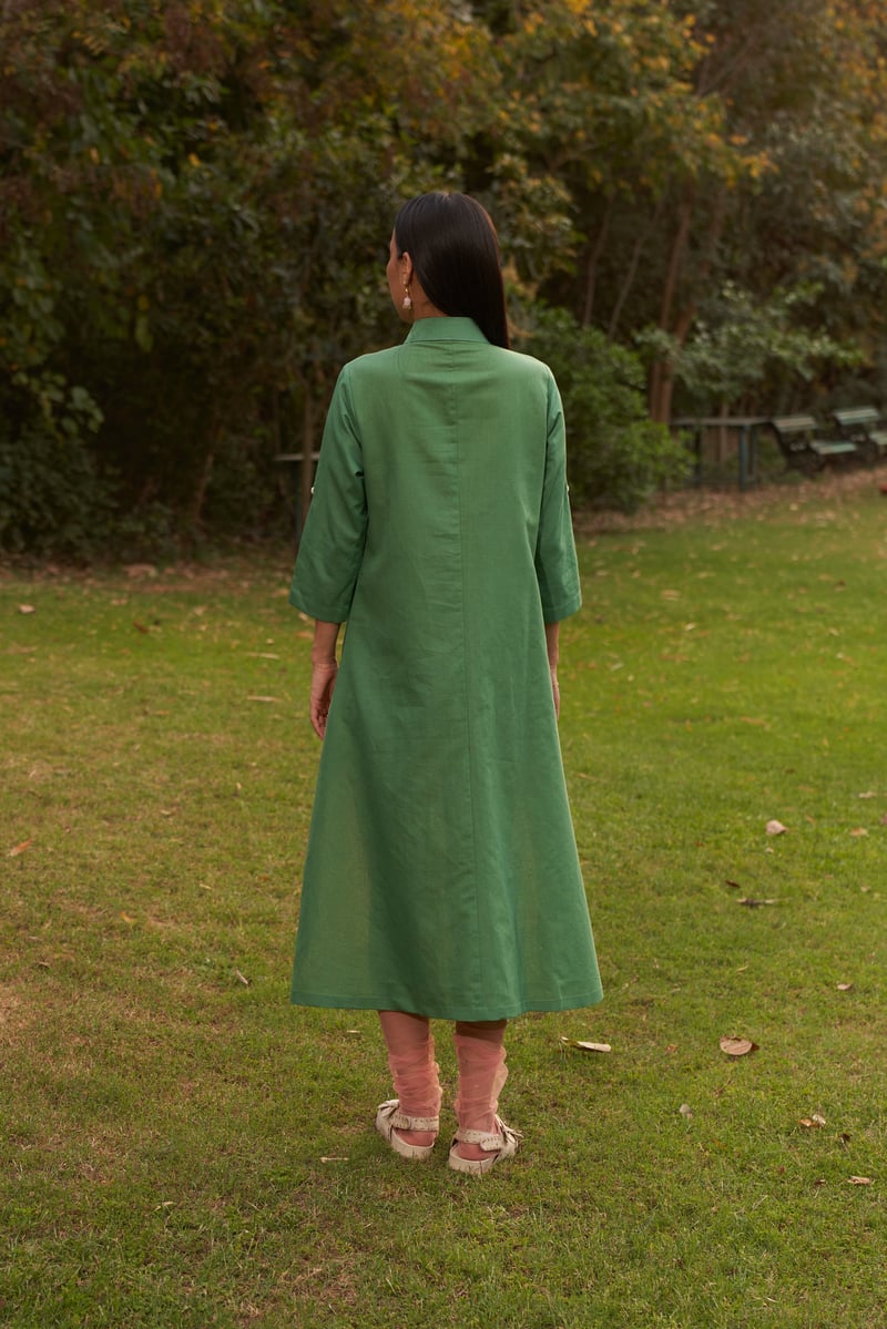 Green Two-Tone Midi Shirt Dress with Applique Detail