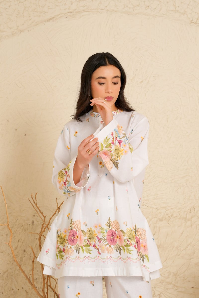 White Cotton Linen Floral Kurta and Trouser Set