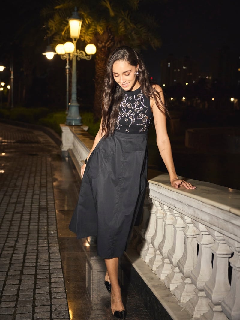 Black Embellished Ribbed Bodice Fit and Flare Midi Dress