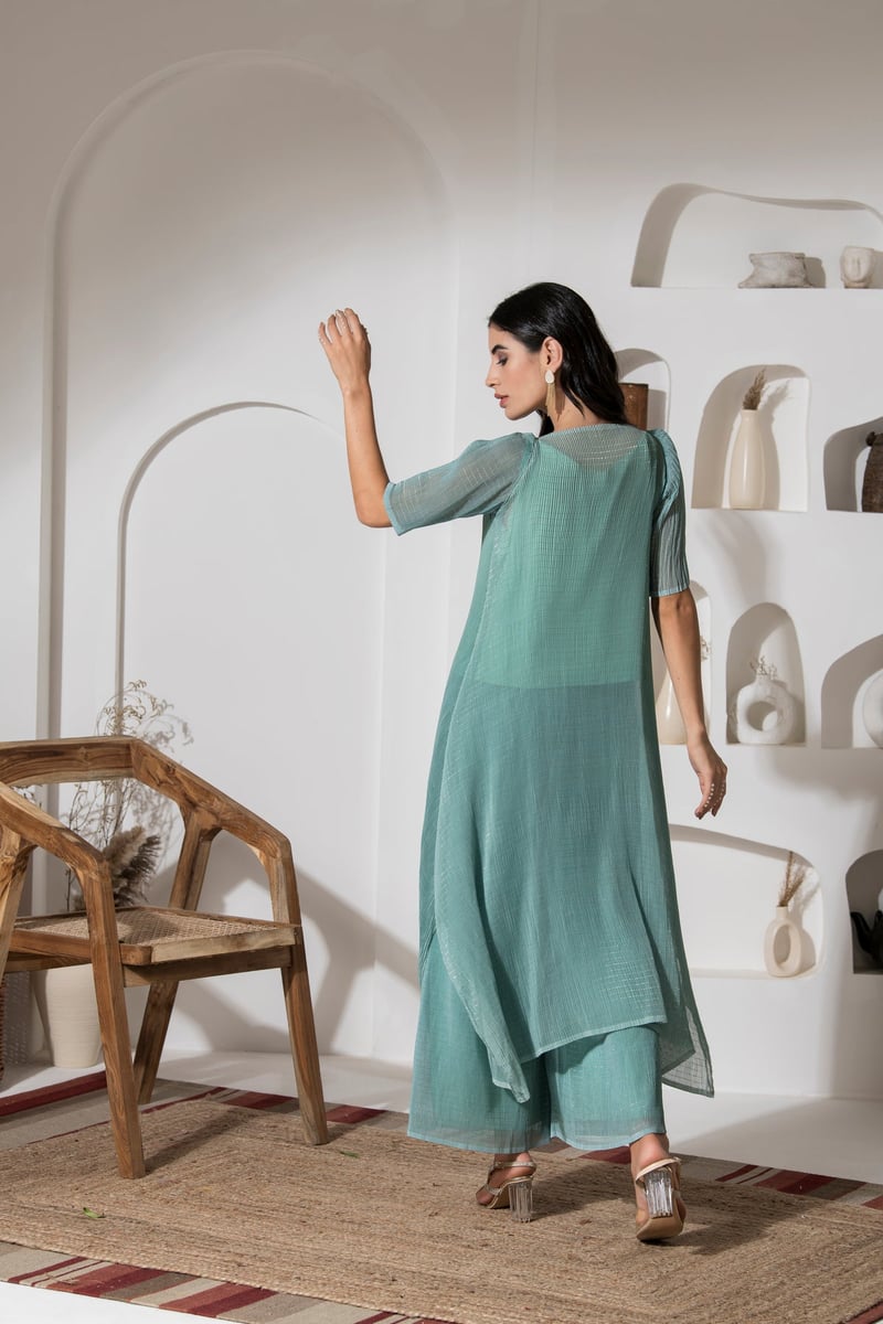 Green Floral Lurex Kaftan Kurta Set with Palazzo