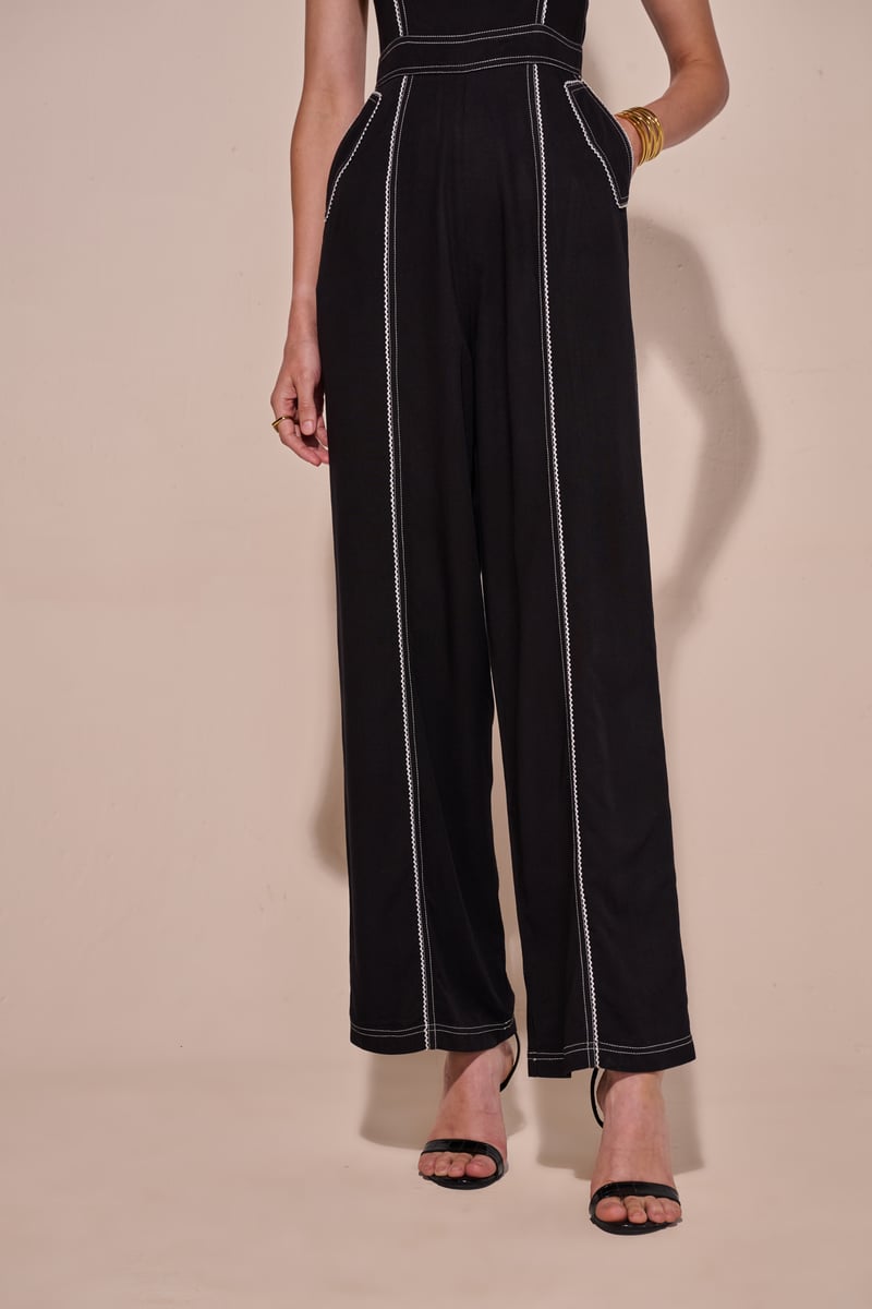 Black Square Neck Wide-Leg Jumpsuit with Contrast Stitching