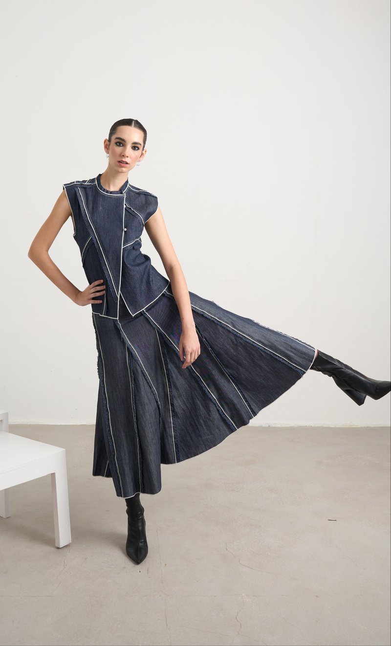 Blue Denim Panelled Maxi Skirt with Side Zip