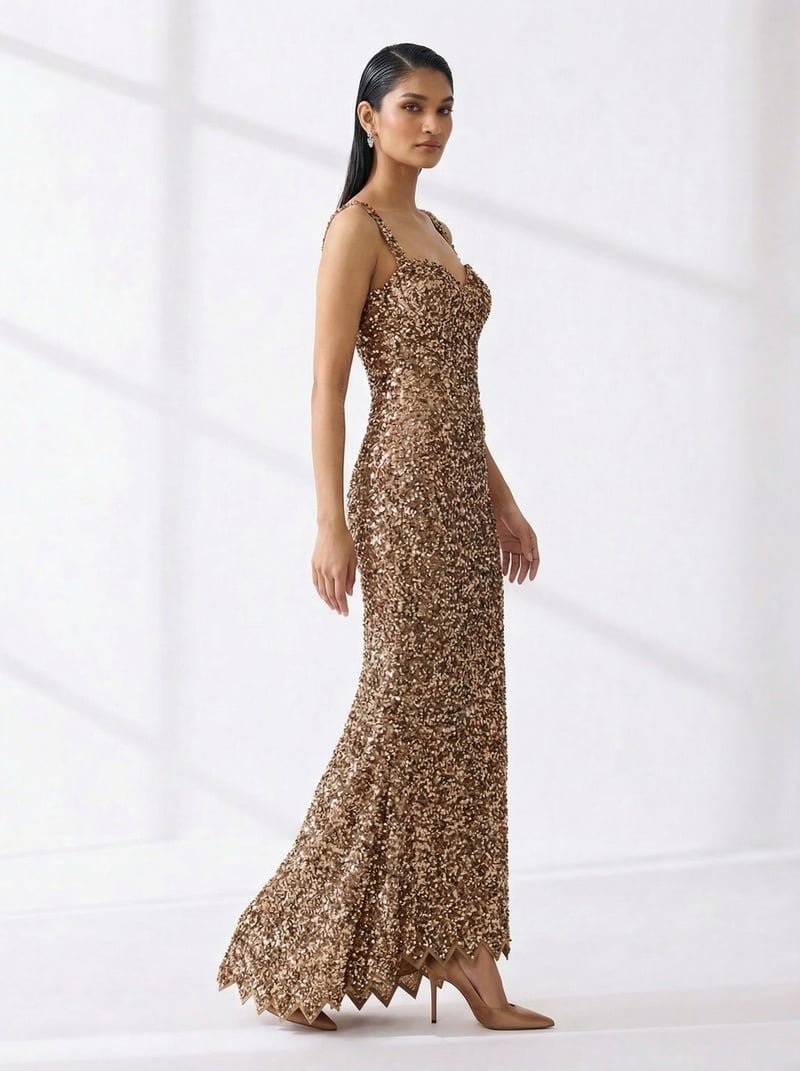 Copper Sequin Sweetheart Neck Maxi Gown