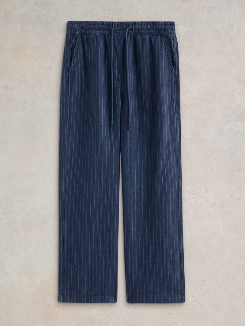 Navy Pinstripe Linen Wide-Leg Trousers