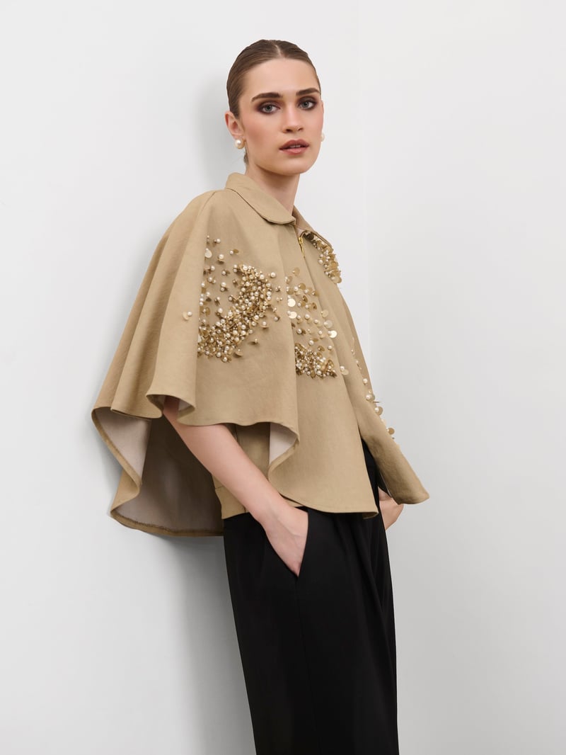 Beige Denim Sequin and Pearl Cropped Cape Top