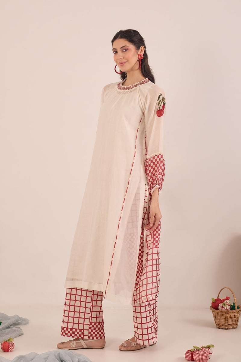 Ivory Kurta Set with Red Checks and Embroidered Neck