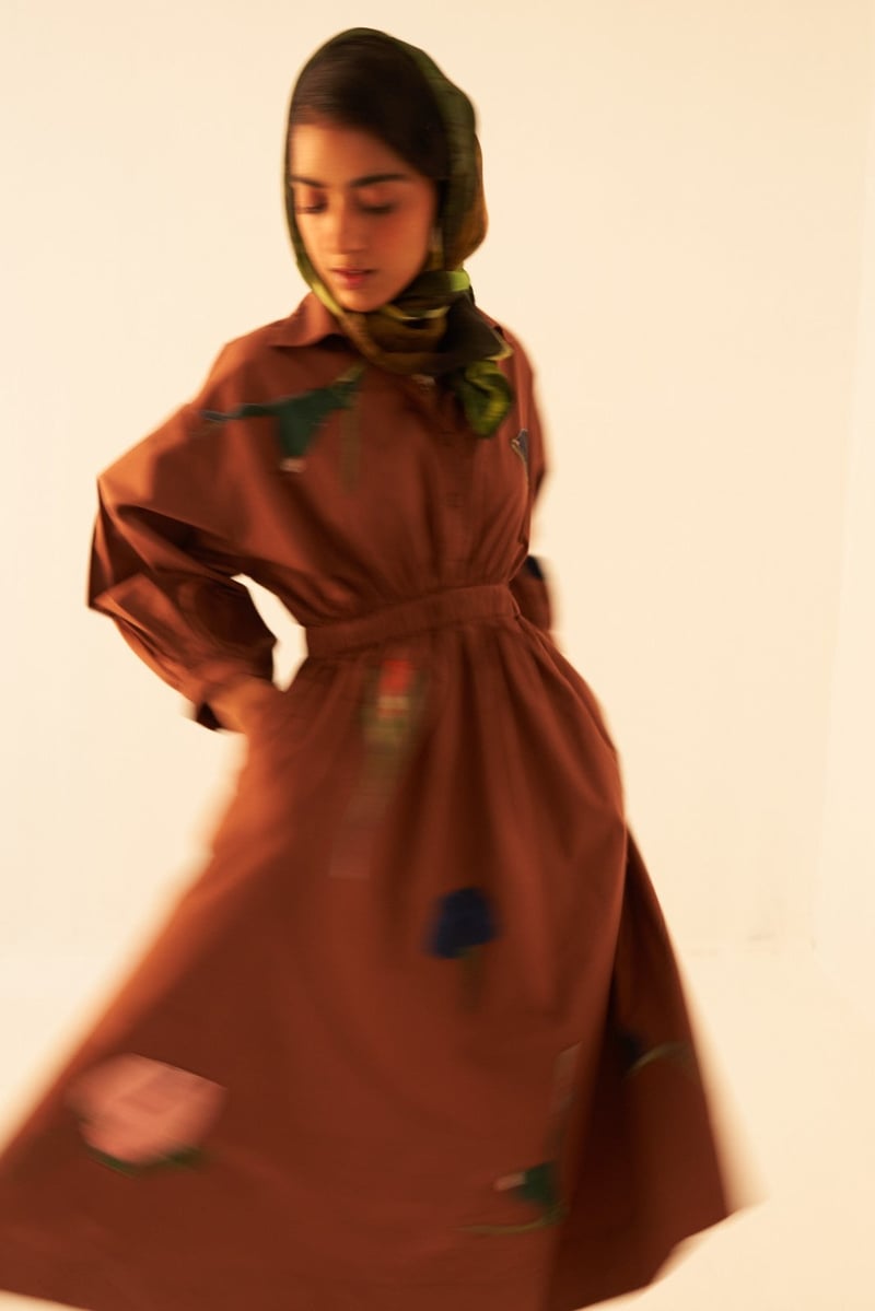 Brown Midi A-Line Shirt Dress with Floral Applique