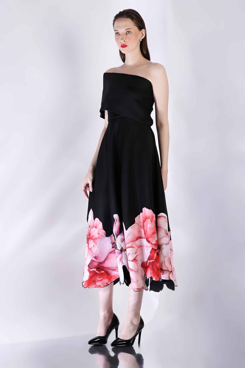 Black Off-Shoulder A-Line Midi Dress with Floral Hem