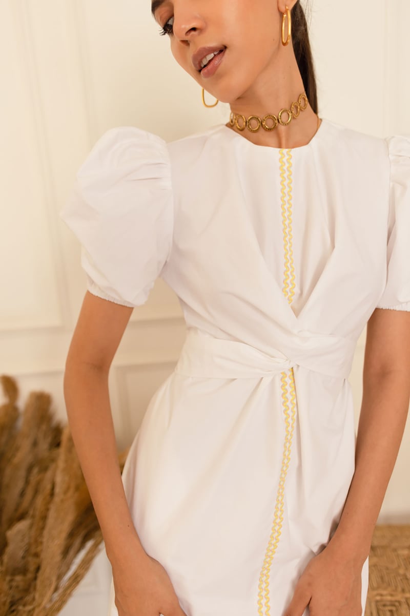 White Poplin Mini Dress with Puff Sleeves and Lace Trim