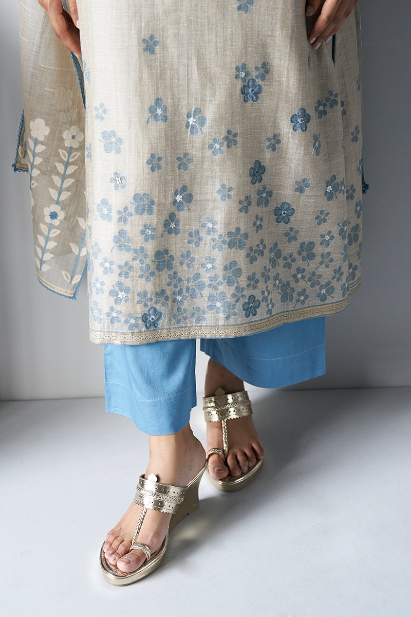 Beige and Light Blue Straight Kurta Suit Set with Dupatta
