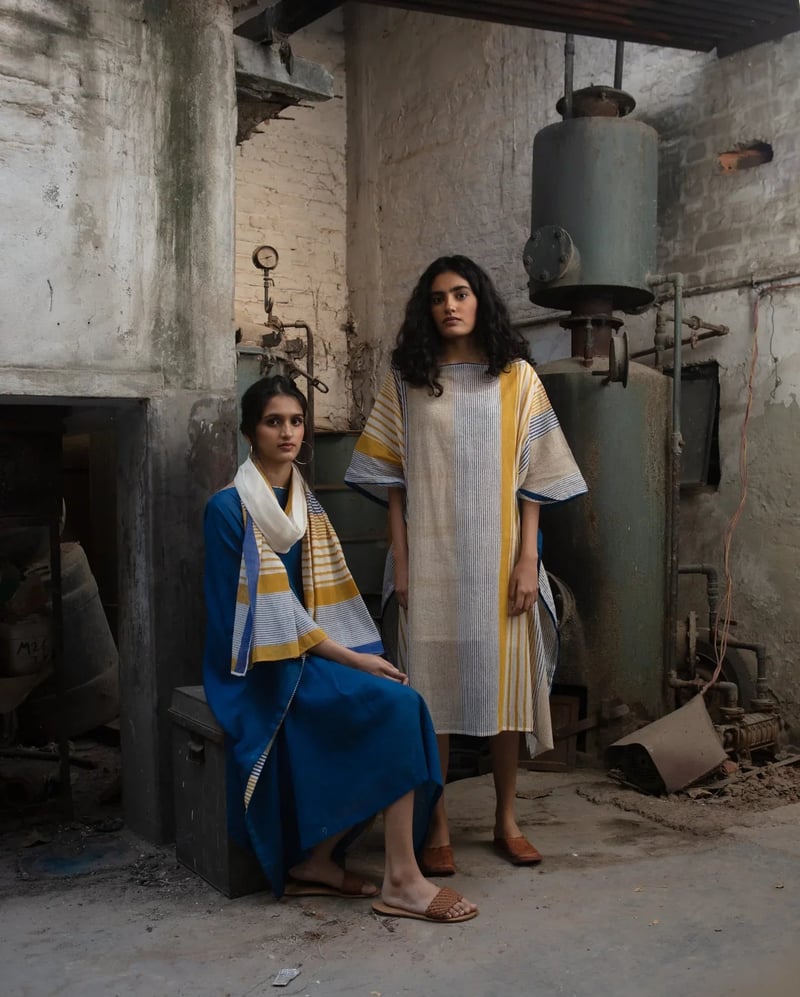 Blue and Mustard Striped Cotton Kaftan