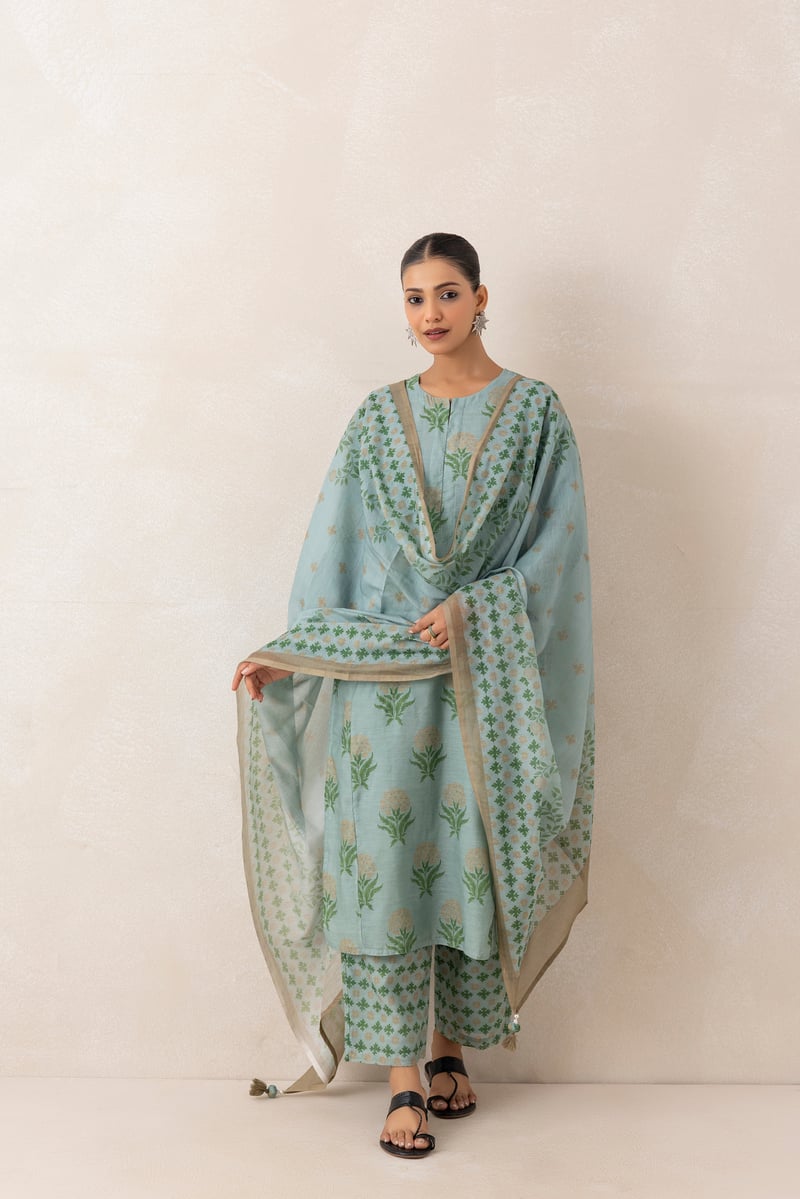 Blue and Beige Floral Print Straight Kurta Set with Dupatta